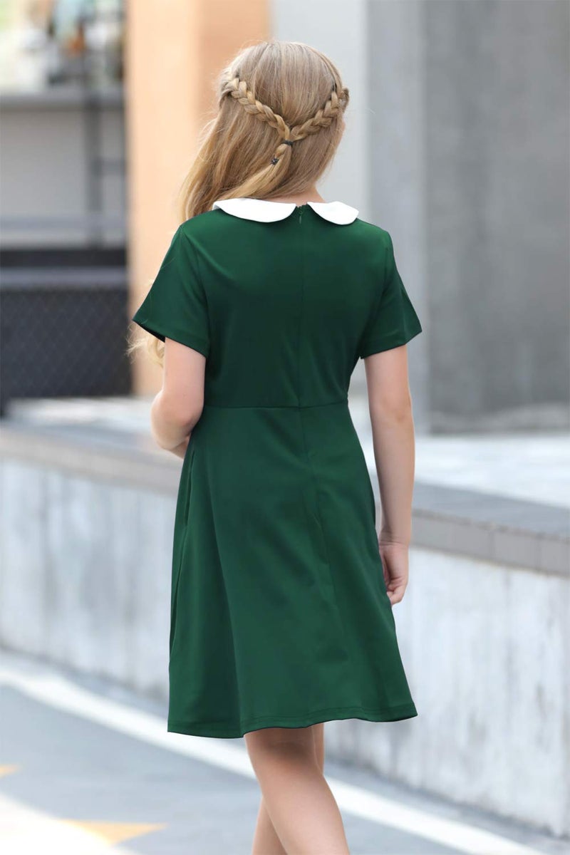 GORLYA Girl's Short Sleeve Casual Vintage Peter Pan Collar Fit and Flare Skater Party Dress with Pockets (GOR1006, 9-10Y, Green) - Image 2